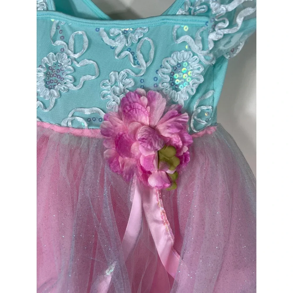 Girls Aqua Pink‎ Sequin Tutu Dance Leotard Dress Flower Detail Size CSM E938